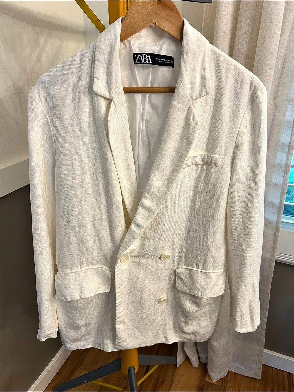 Zara Viscose-Linen Double-Breasted Blazer White Medium